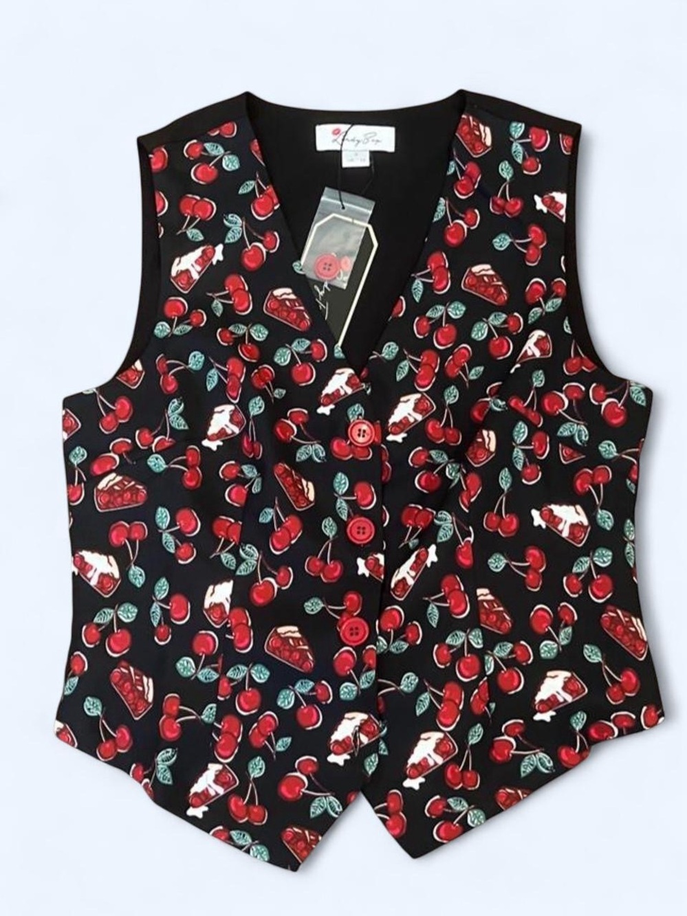 NWT Lindy Bop Black Cherry Print Button-Front Vest